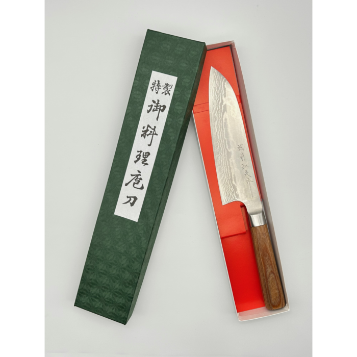 Kamo Katsuyasu Suminagashi VG10 Santoku 165mm japoniškas peilis su apvalia presuotos medienos rankena - Image 7
