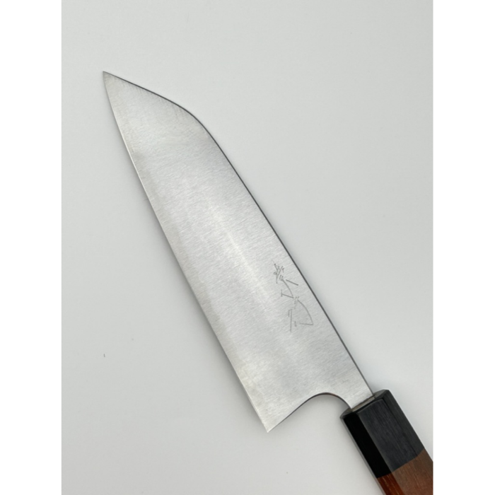 Takayuki Shibata Koutetsu Aogami Super Santoku 160mm japoniškas peilis su aštuonkampe rusvamedžio ir juodos presuotos medienos rankena - Image 4