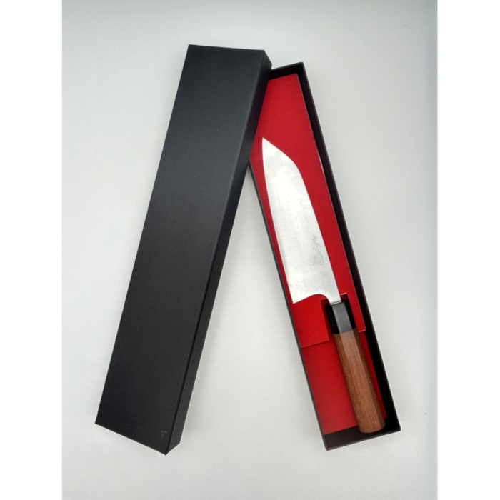 Takayuki Shibata Koutetsu Aogami Super Santoku 160mm japoniškas peilis su aštuonkampe rusvamedžio ir juodos presuotos medienos rankena - Image 7